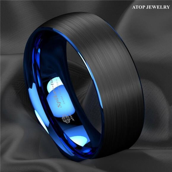 Men's Wedding Band Rings - Dome Brushed Blue Black - Wedding Rings - Picture 6 of 9